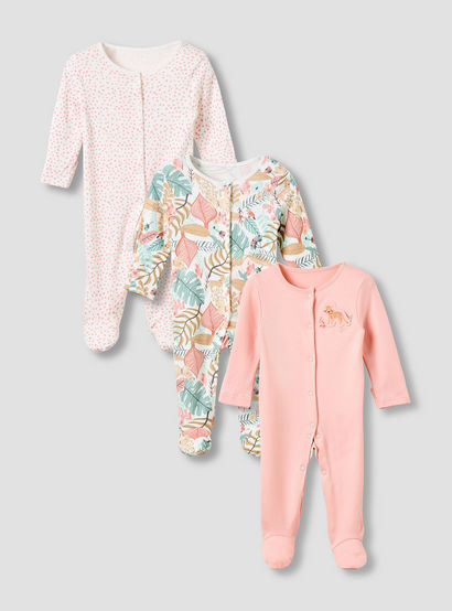 Juniors Crew Neck Sleepsuit with Print - Cotton - Long Sleeves - Set of 3-baby-girls-clothing-nightwear-sleepsuits-image-1