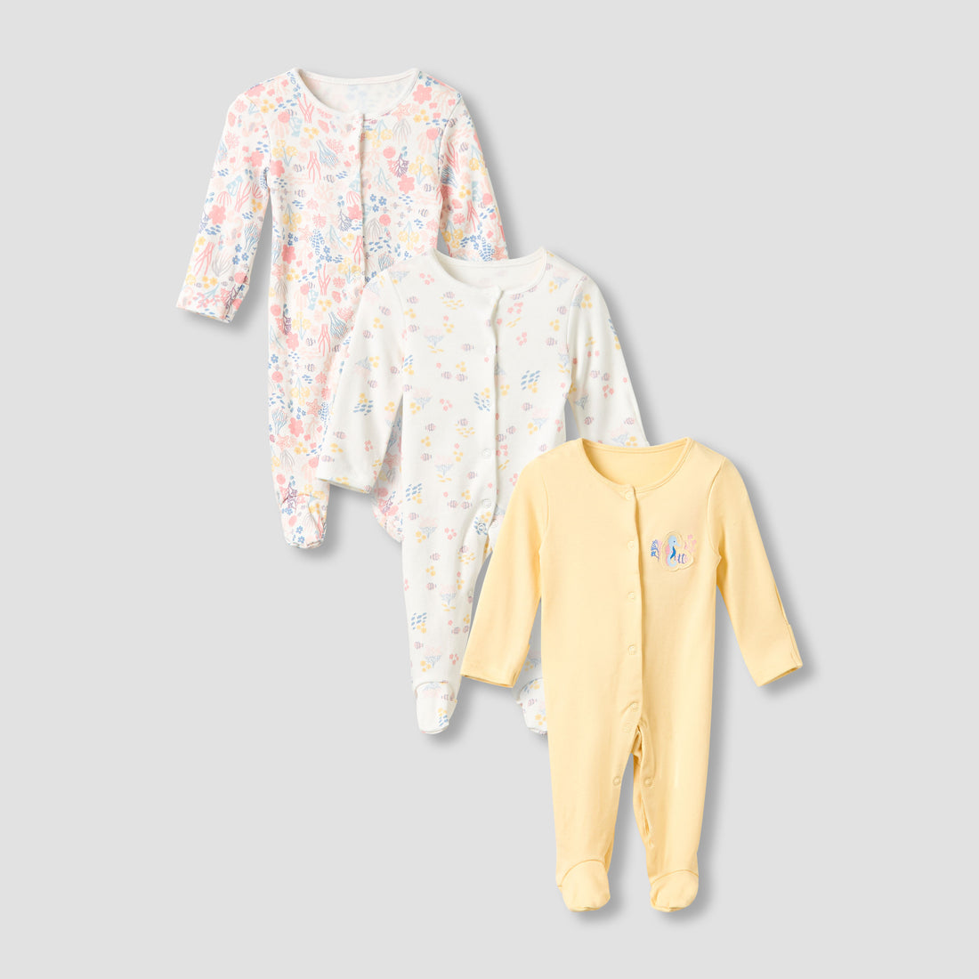 Juniors Crew Neck Sleepsuit with Print - Cotton - Long Sleeves - Set of 3 - Yellow / 12-18 mths