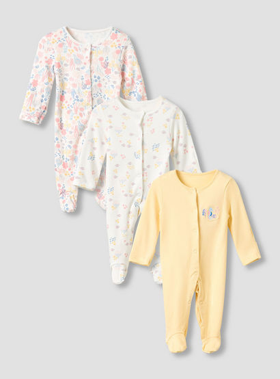 Juniors Crew Neck Sleepsuit with Print - Cotton - Long Sleeves - Set of 3-baby-girls-clothing-nightwear-sleepsuits-image-1