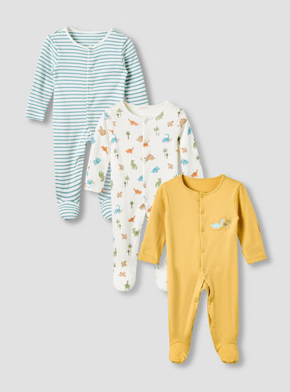 Juniors Crew Neck Sleepsuit with Dinosaur Print - Cotton - Long Sleeves - Set of 3-promo_babyshop_Buy2for115_UAE130126-image-1