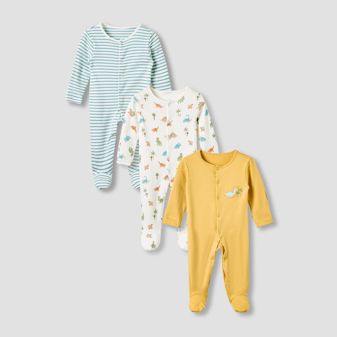 Juniors Crew Neck Sleepsuit with Dinosaur Print - Cotton - Long Sleeves - Set of 3 - Multicolour / 12-18 mths
