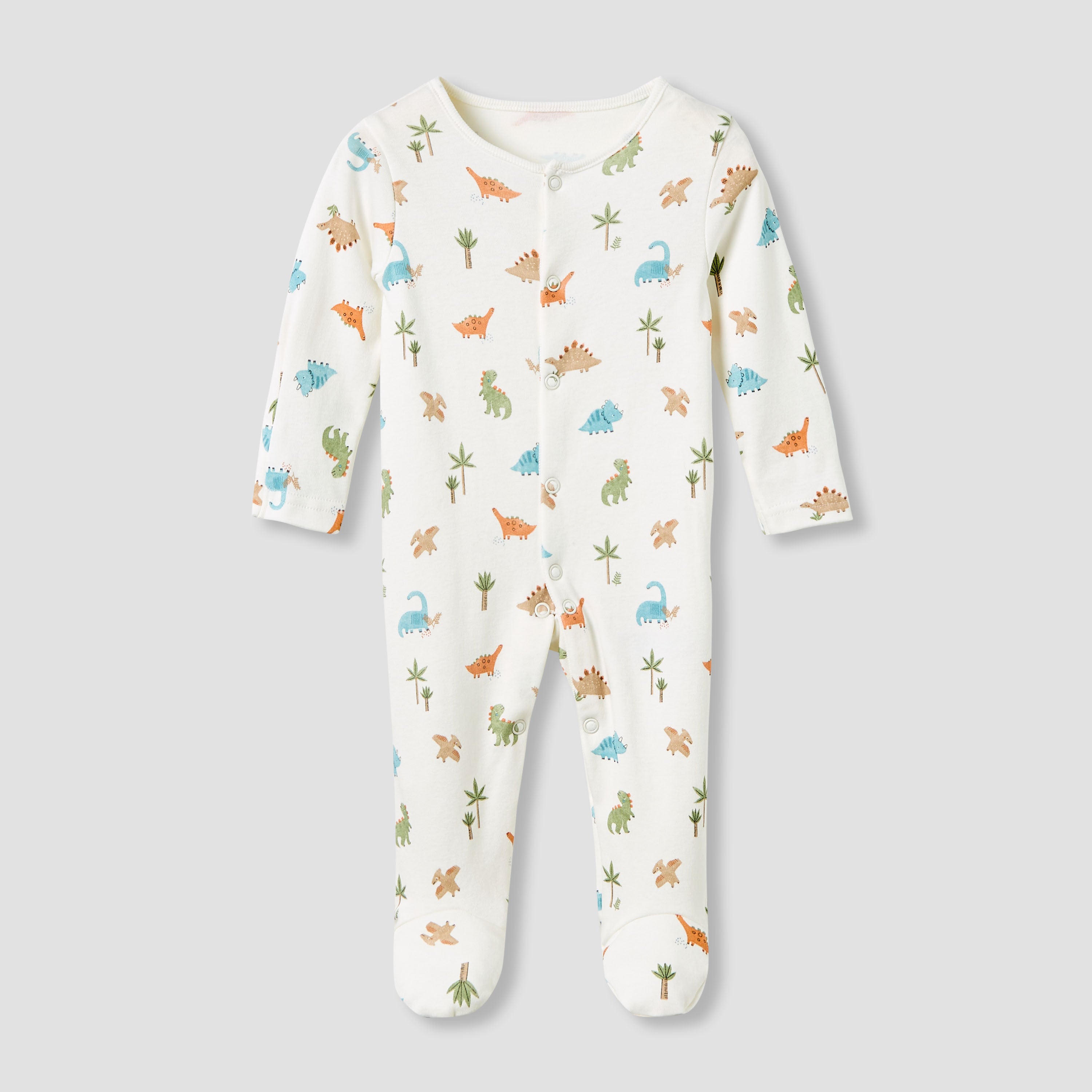 Juniors Crew Neck Sleepsuit with Dinosaur Print - Cotton - Long Sleeves - Set of 3