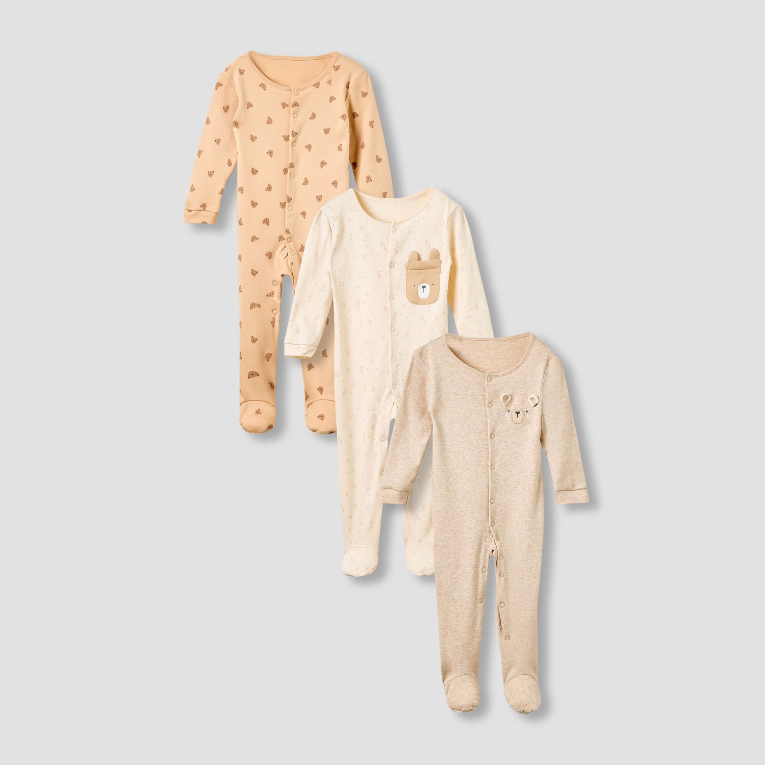 Juniors Crew Neck Sleepsuit with Bear Print - Cotton - Long Sleeves - Set of 3 - Orange / 12-18 mths