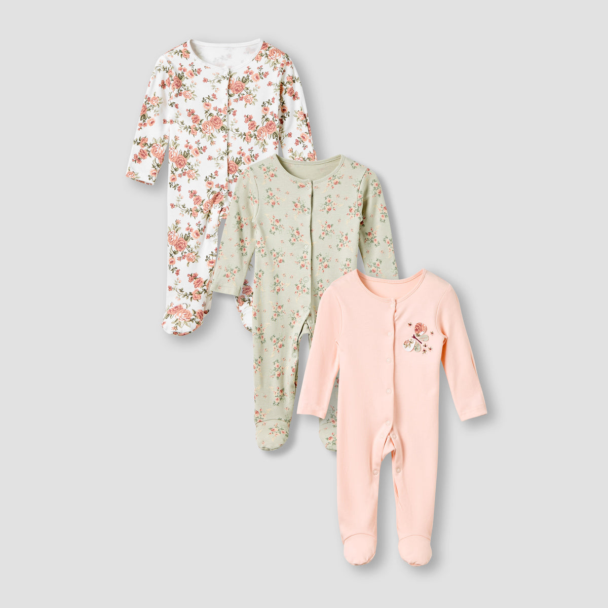 Juniors Crew Neck Sleepsuit with Floral Print - Cotton - Long Sleeves - Set of 3
