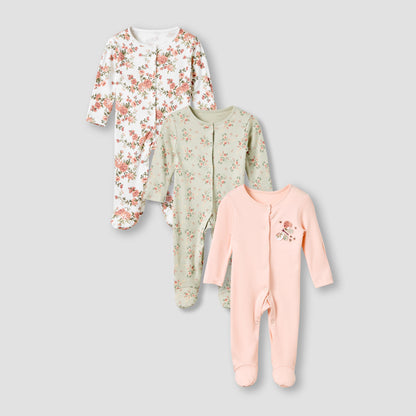 Juniors Crew Neck Sleepsuit with Floral Print - Cotton - Long Sleeves - Set of 3