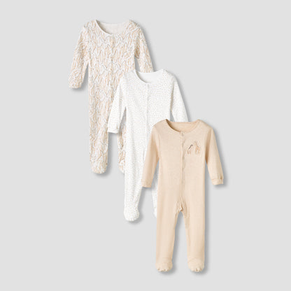 Juniors Round Neck Sleepsuit with Snap Button Closure - Cotton - Long Sleeves - Set of 3 - Beige / 12-18 mths