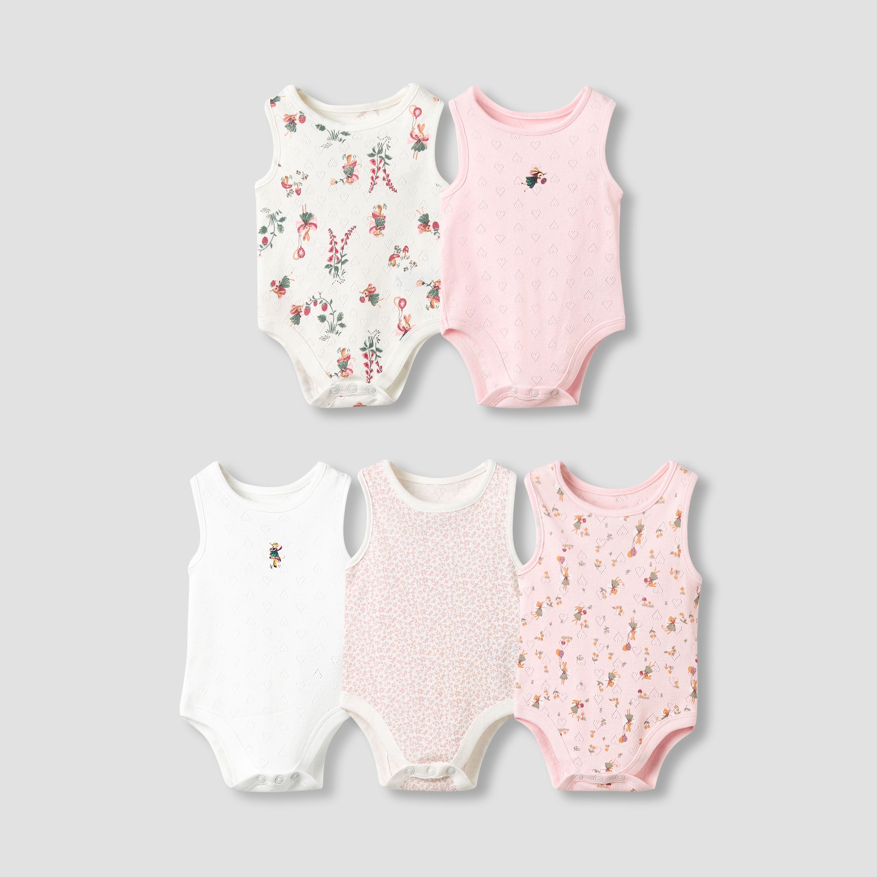 Set of 5, Juniors Cotton Crew Neck Sleeveless Bodysuit with Print