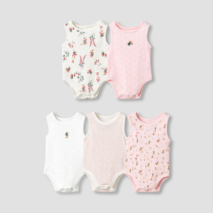 Set of 5, Juniors Cotton Crew Neck Sleeveless Bodysuit with Print