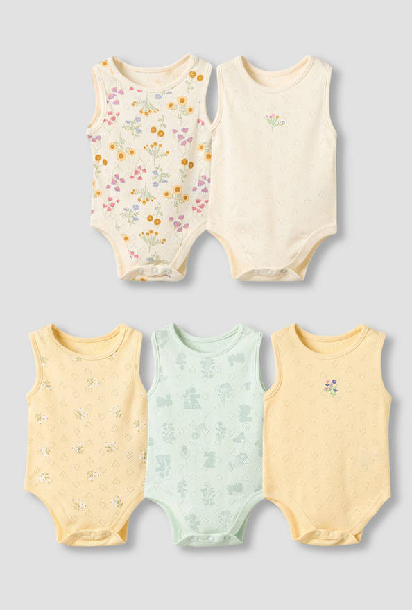 Set of 5, Juniors Cotton Crew Neck Sleeveless Bodysuit with Floral Print