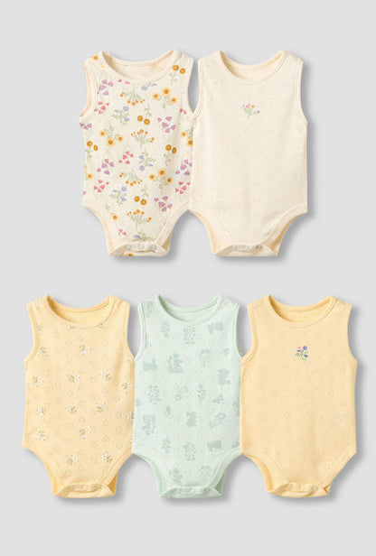 Set of 5, Juniors Cotton Crew Neck Sleeveless Bodysuit with Floral Print