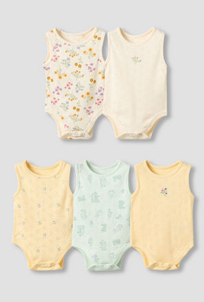 Set of 5, Juniors Cotton Crew Neck Sleeveless Bodysuit with Floral Print