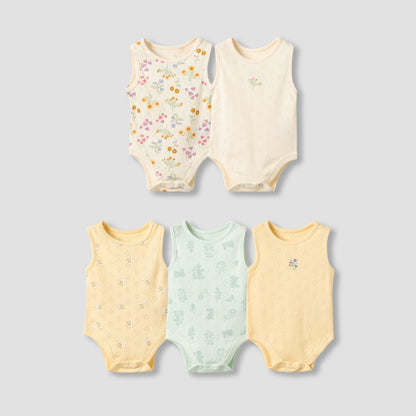 Set of 5, Juniors Cotton Crew Neck Sleeveless Bodysuit with Floral Print - Yellow / 12-18 mths