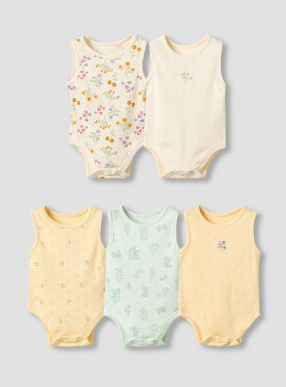 Set of 5, Juniors Cotton Crew Neck Sleeveless Bodysuit with Floral Print-promo_babyshop_Buy2for115_UAE130126-image-1
