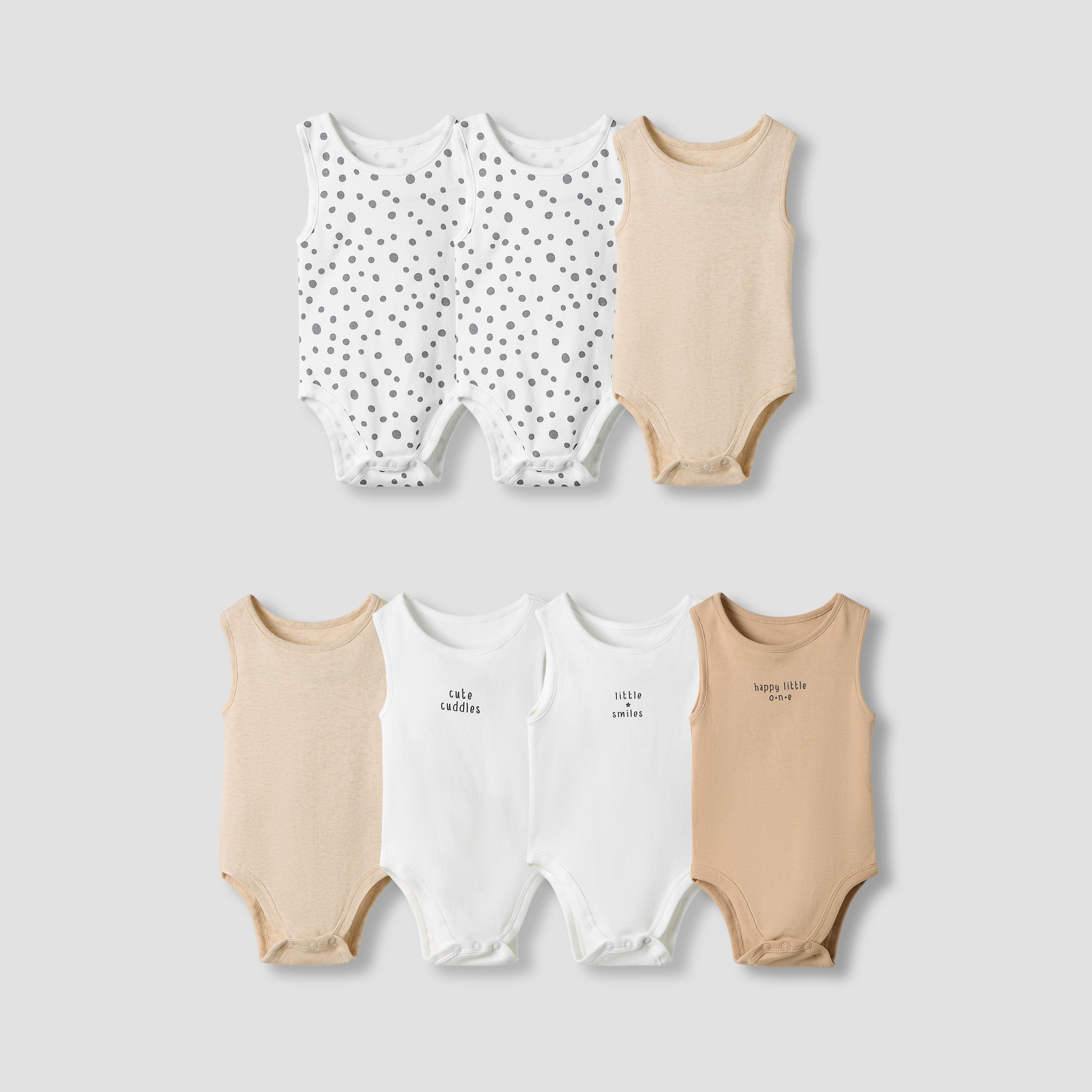 Juniors Round Neck Bodysuit with Snap Button Closure - Cotton - Sleeveless - Set of 7 - Beige / 12-18 mths