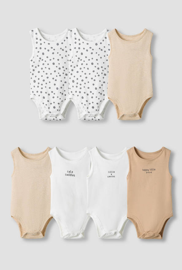 Juniors Round Neck Bodysuit with Snap Button Closure - Cotton - Sleeveless - Set of 7