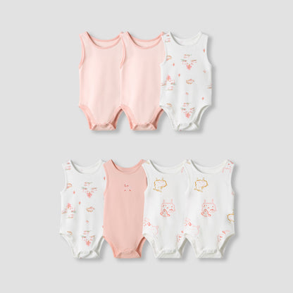 Juniors Round Neck Bodysuit with Snap Button Closure - Cotton - Sleeveless - Set of 7 - Pink / 18-24 mths