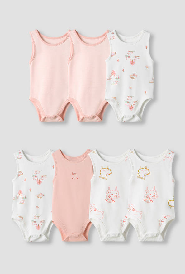 Juniors Round Neck Bodysuit with Snap Button Closure - Cotton - Sleeveless - Set of 7