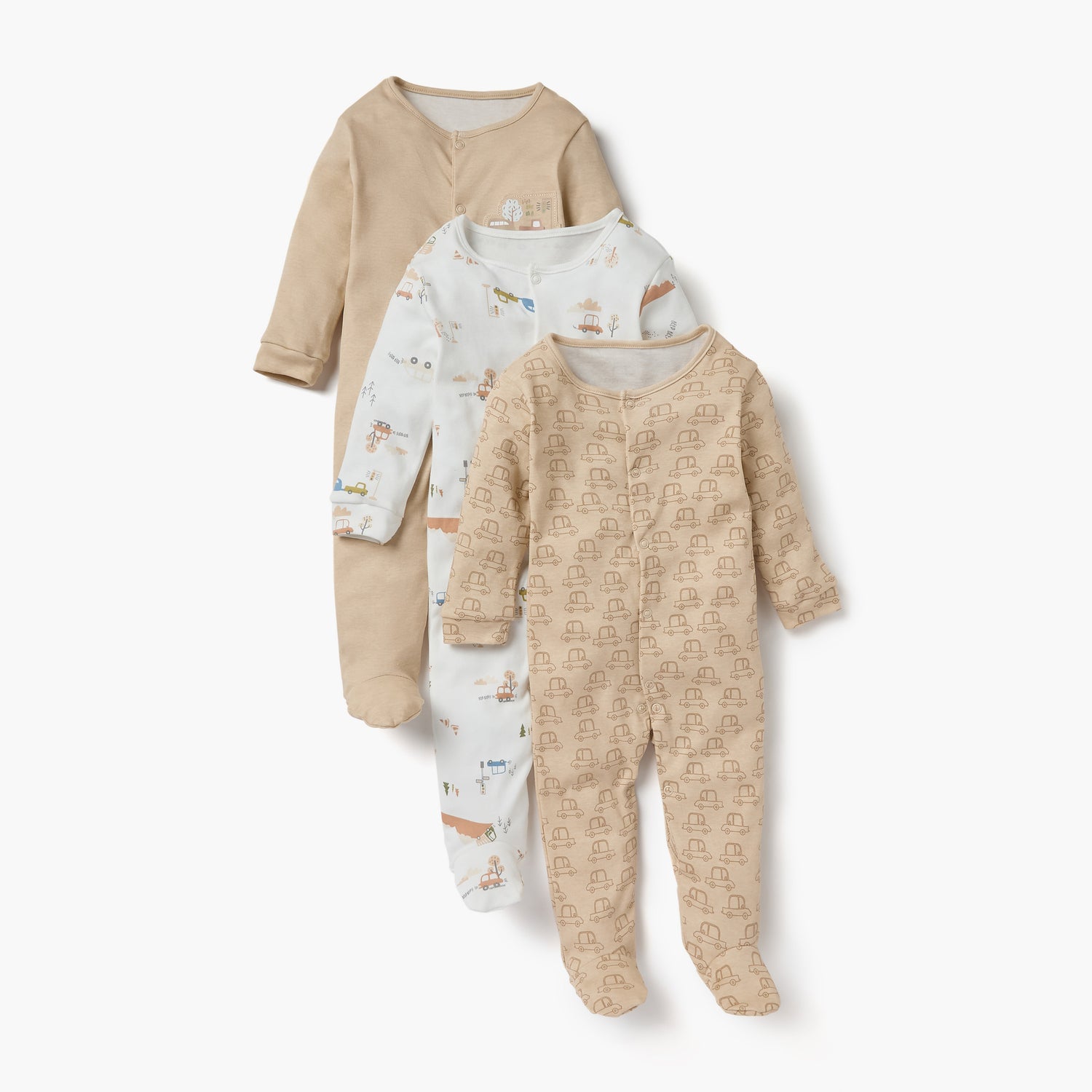 Juniors Printed Sleepsuit with Long Sleeves and Button Closure - Set of 3 - Multicolour / 12-18 mths