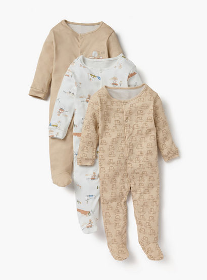 Juniors Printed Sleepsuit with Long Sleeves and Button Closure - Set of 3-promo_babyshop_Buy2for115_UAE130126-image-1