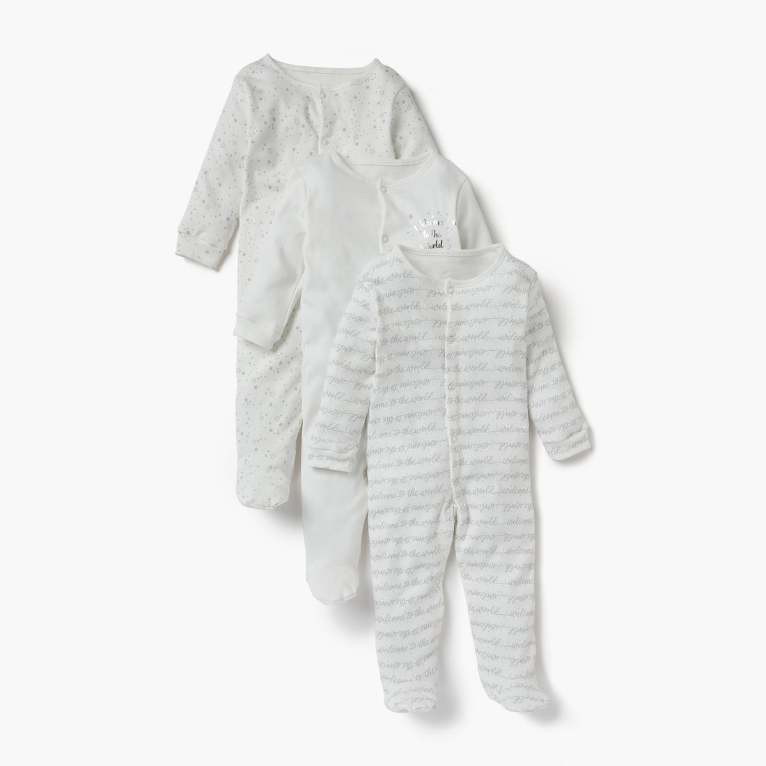 Juniors Printed Sleepsuit with Long Sleeves and Button Closure - Set of 3 - White / 12-18 mths