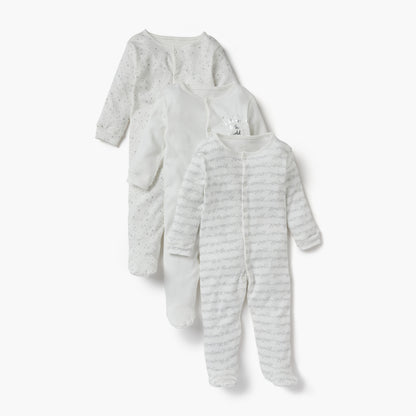 Juniors Printed Sleepsuit with Long Sleeves and Button Closure - Set of 3 - White / 12-18 mths