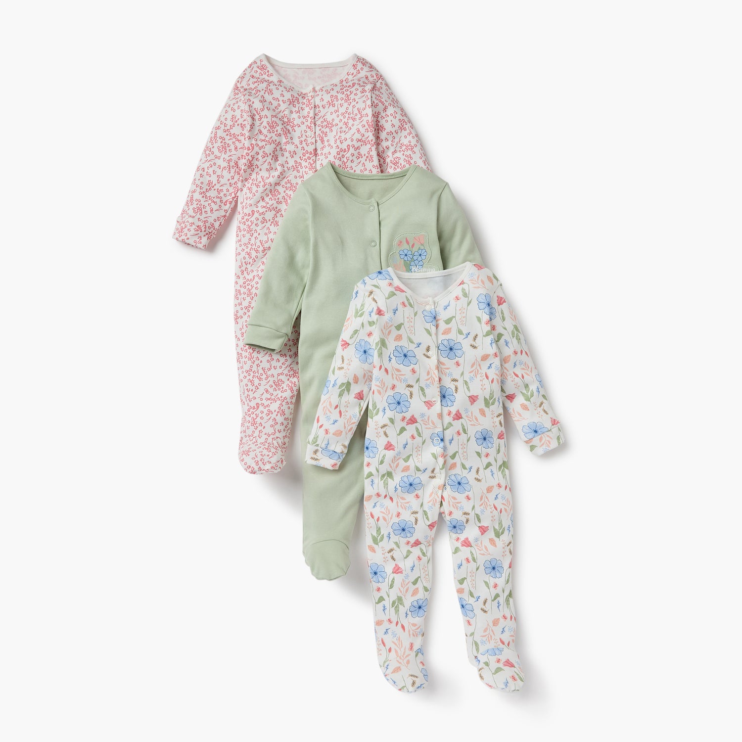 Juniors Printed Sleepsuit with Long Sleeves and Button Closure - Set of 3 - Multicolour / 12-18 mths