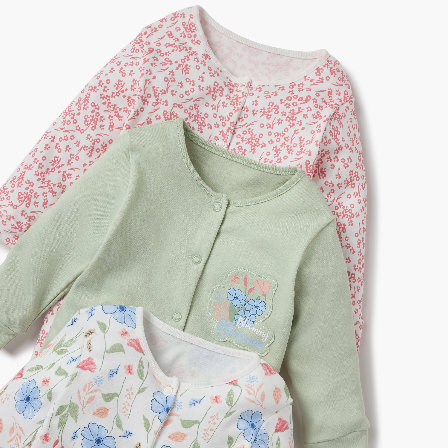 Juniors Printed Sleepsuit with Long Sleeves and Button Closure - Set of 3
