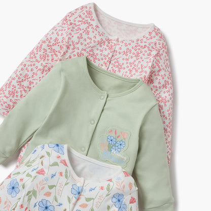Juniors Printed Sleepsuit with Long Sleeves and Button Closure - Set of 3