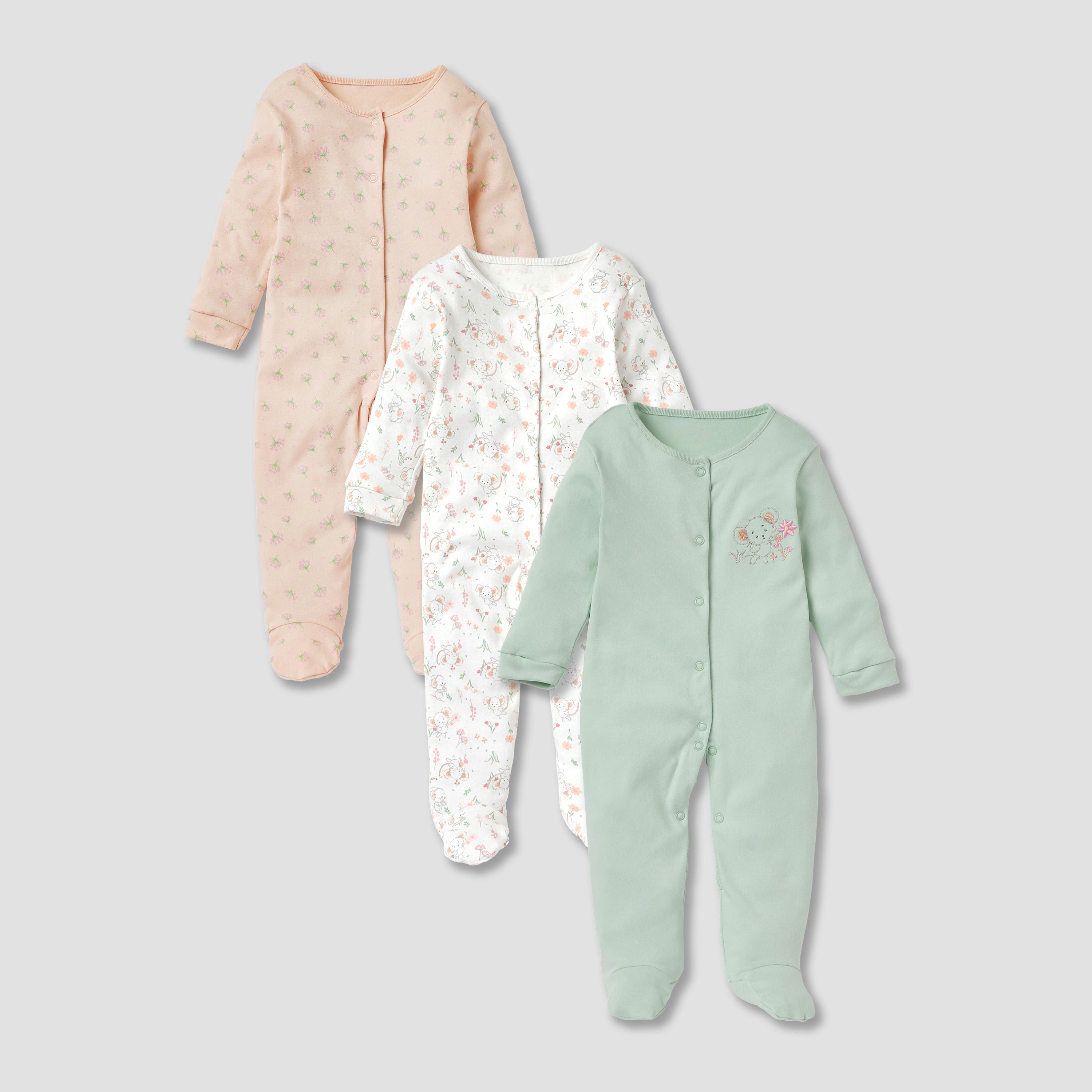 Juniors Assorted Closed Feet Sleepsuit - Set of 3 - Multicolour / 12-18 mths