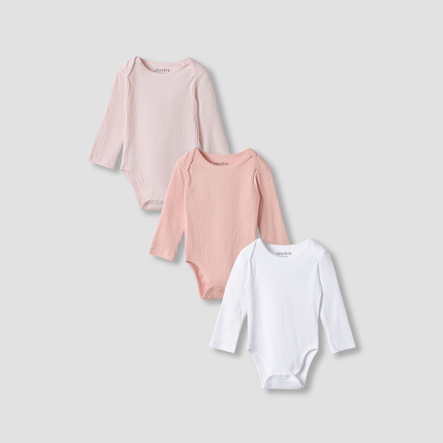 Juniors Round Neck Bodysuit with Snap Button Closure - Cotton - Long Sleeves - Set of 3 - Pink / 12-18 mths