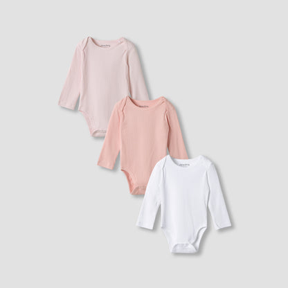 Juniors Round Neck Bodysuit with Snap Button Closure - Cotton - Long Sleeves - Set of 3 - Pink / 12-18 mths