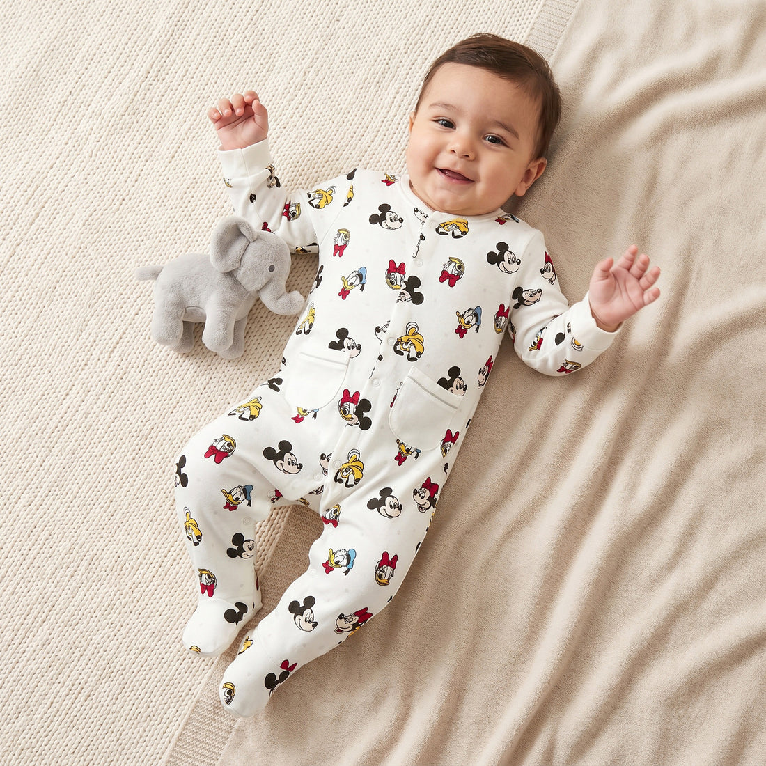 Disney Cotton Round Neck Long Sleeves Sleepsuit with Mickey Mouse and Friends Print