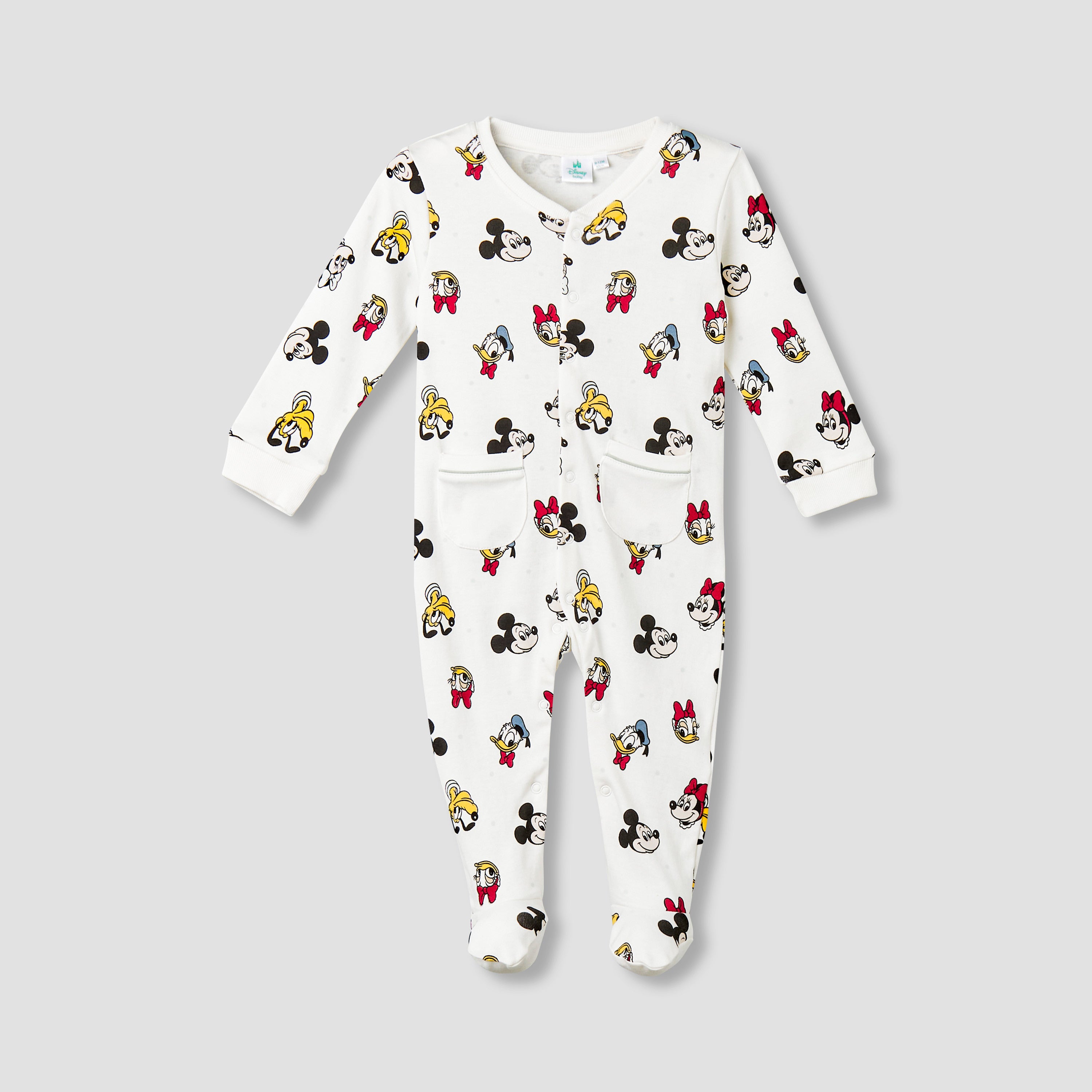Disney Cotton Round Neck Long Sleeves Sleepsuit with Mickey Mouse and Friends Print - White / 9-12 mths