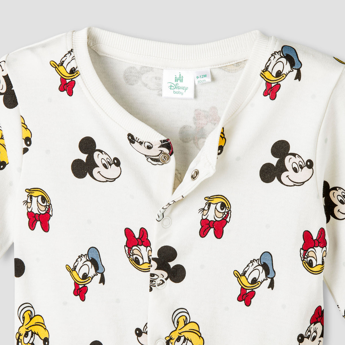 Disney Cotton Round Neck Long Sleeves Sleepsuit with Mickey Mouse and Friends Print