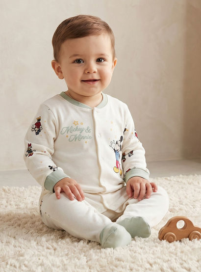 Disney Cotton Round Neck Long Sleeve Sleepsuit with Mickey and Minnie Mouse Print-baby-girls-clothing-nightwear-sleepsuits-image-1