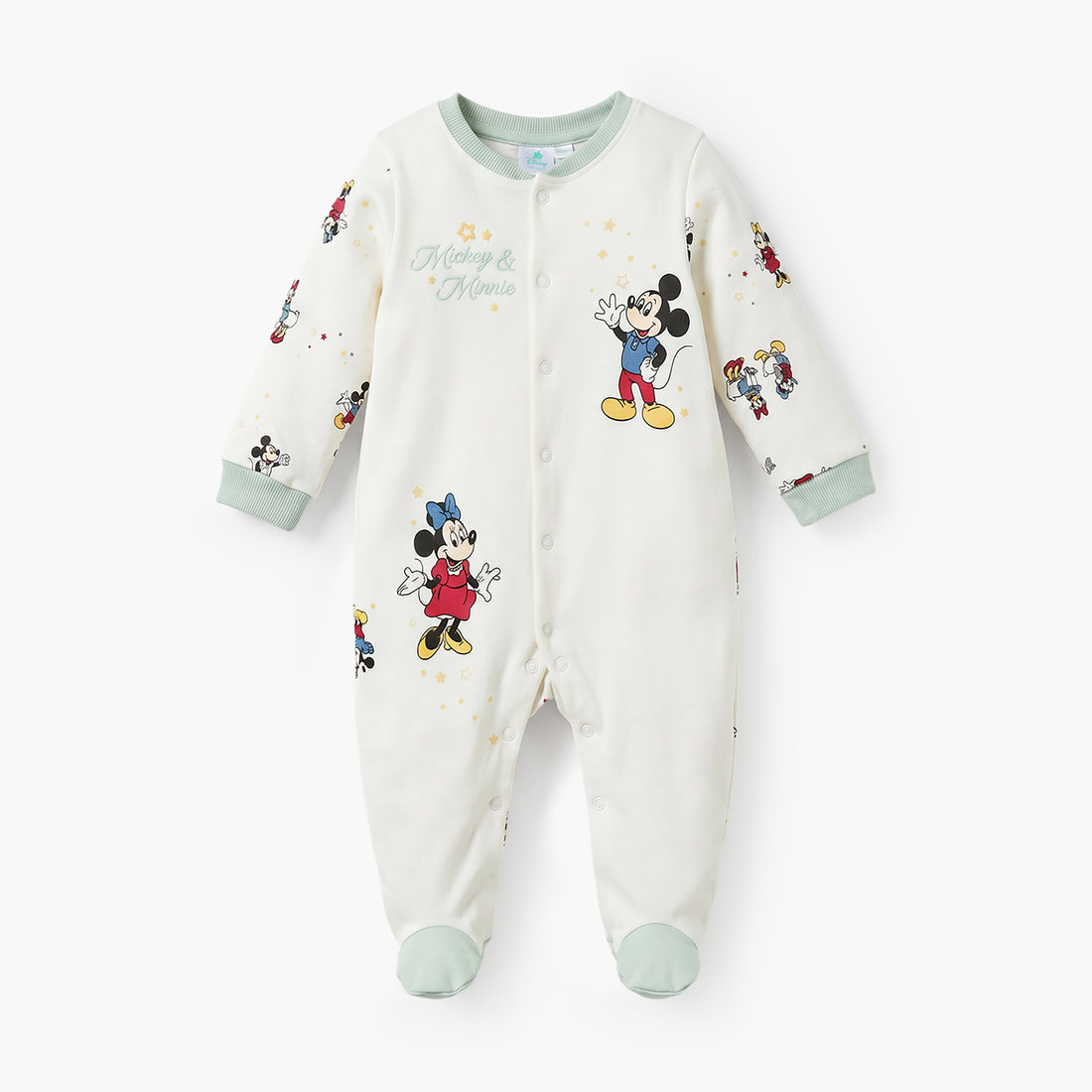 Disney Cotton Round Neck Long Sleeve Sleepsuit with Mickey and Minnie Mouse Print
