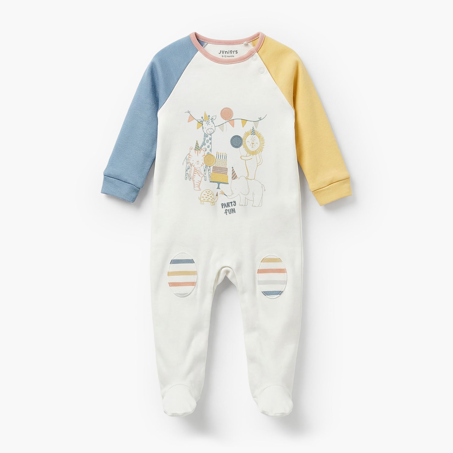 Juniors Cotton Crew Neck Long Sleeves Sleepsuit with Safari Print - White / 9-12 mths