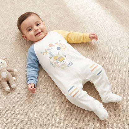 Juniors Cotton Crew Neck Long Sleeves Sleepsuit with Safari Print - White / 9-12 mths