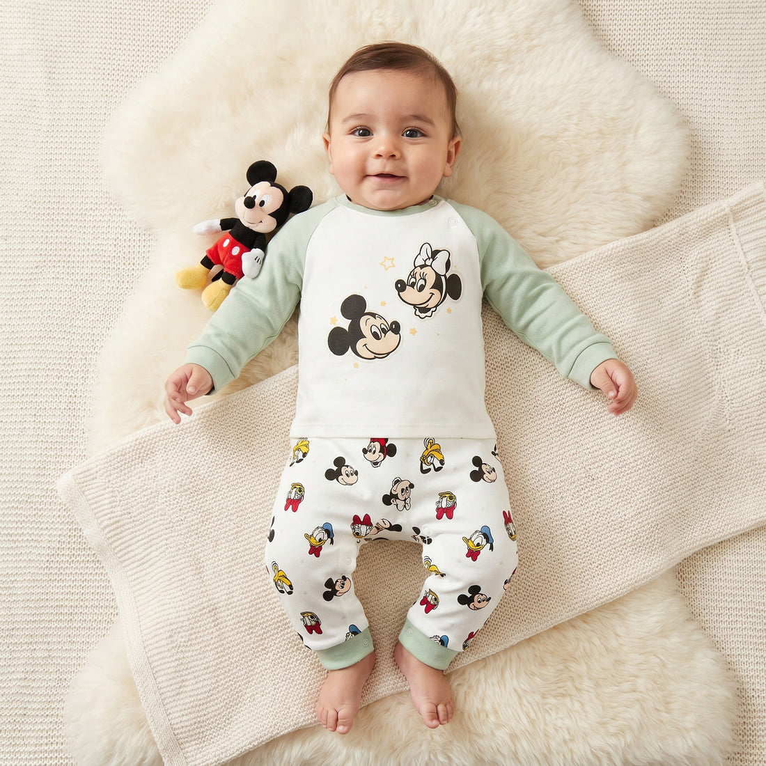 Disney Cotton Crew Neck Long Sleeves Sleepsuit with Mickey and Friends Print
