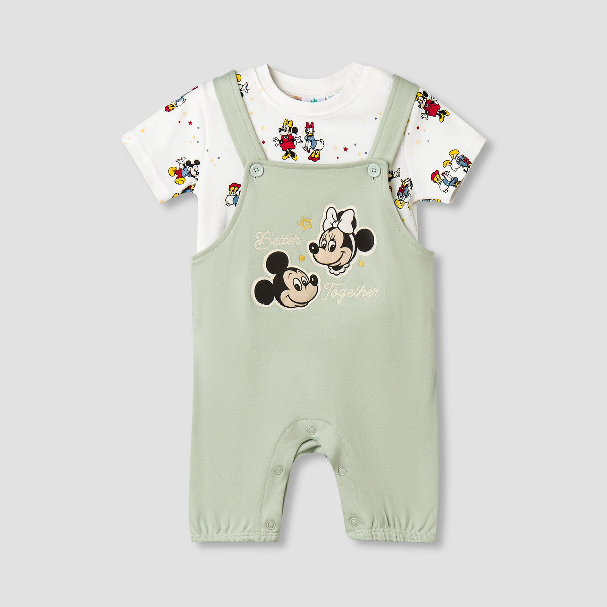 Disney Round Neck Short Sleeve T-shirt and Dungaree Set with Mickey Mouse and Friends Print