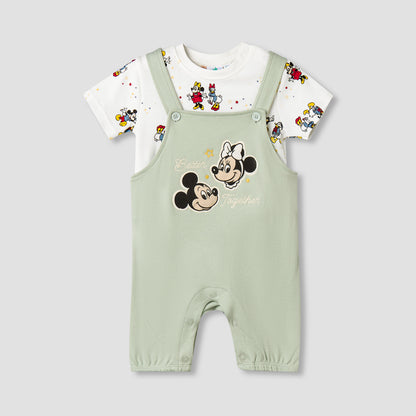 Disney Round Neck Short Sleeve T-shirt and Dungaree Set with Mickey Mouse and Friends Print