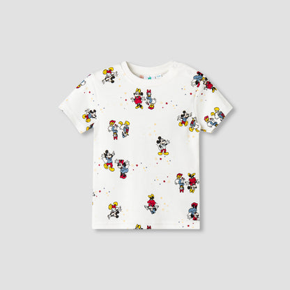 Disney Round Neck Short Sleeve T-shirt and Dungaree Set with Mickey Mouse and Friends Print