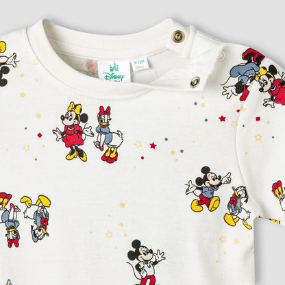 Disney Round Neck Short Sleeve T-shirt and Dungaree Set with Mickey Mouse and Friends Print
