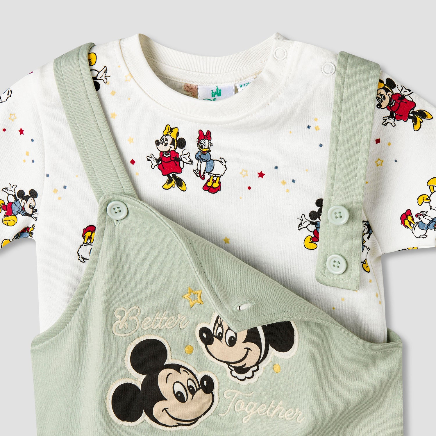 Disney Round Neck Short Sleeve T-shirt and Dungaree Set with Mickey Mouse and Friends Print