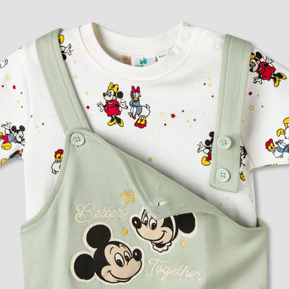 Disney Round Neck Short Sleeve T-shirt and Dungaree Set with Mickey Mouse and Friends Print