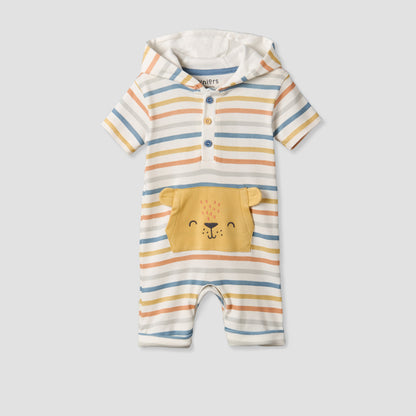 Juniors Hooded Neck Short Sleeves Romper with Stripes - Multicolour / 12-18 mths