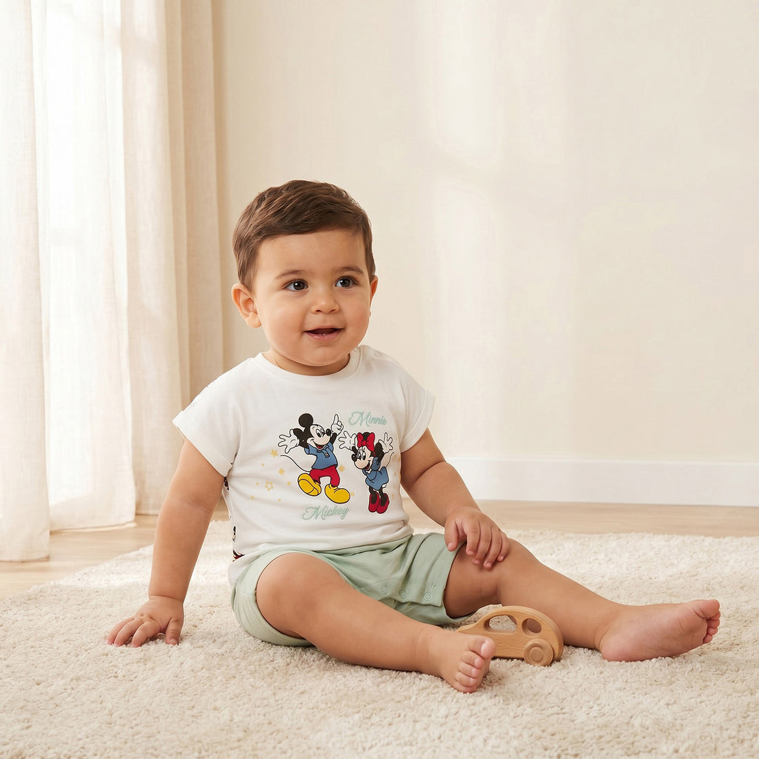 Disney Round Neck Short Sleeve Romper with Mickey and Minnie Mouse Print