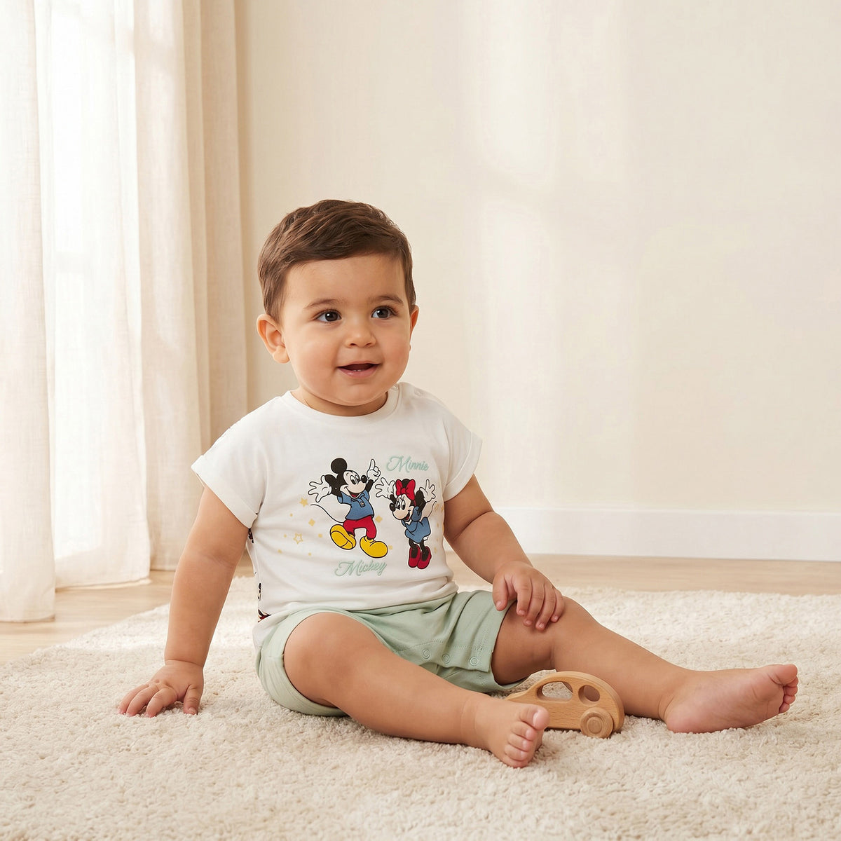 Disney Round Neck Short Sleeve Romper with Mickey and Minnie Mouse Print