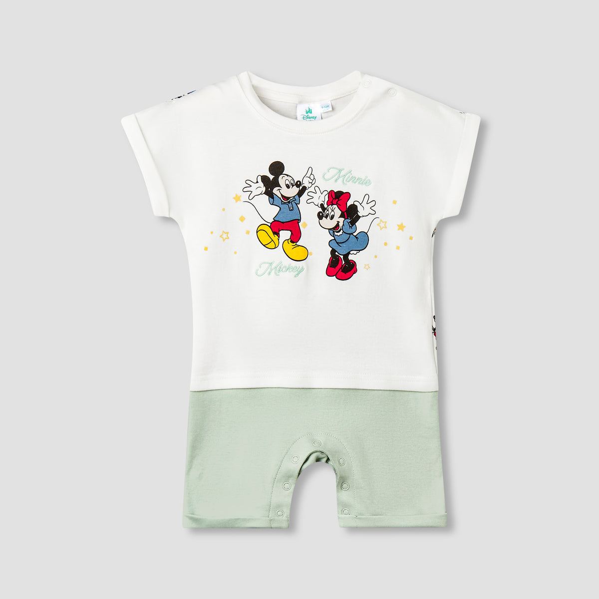 Disney Round Neck Short Sleeve Romper with Mickey and Minnie Mouse Print