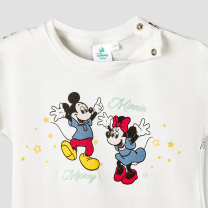 Disney Round Neck Short Sleeve Romper with Mickey and Minnie Mouse Print